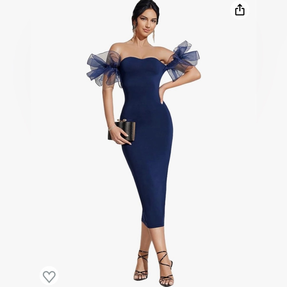 Women's Off Shoulder Mesh Ruffle Short Sleeve Cocktail Bodycon Midi Dress